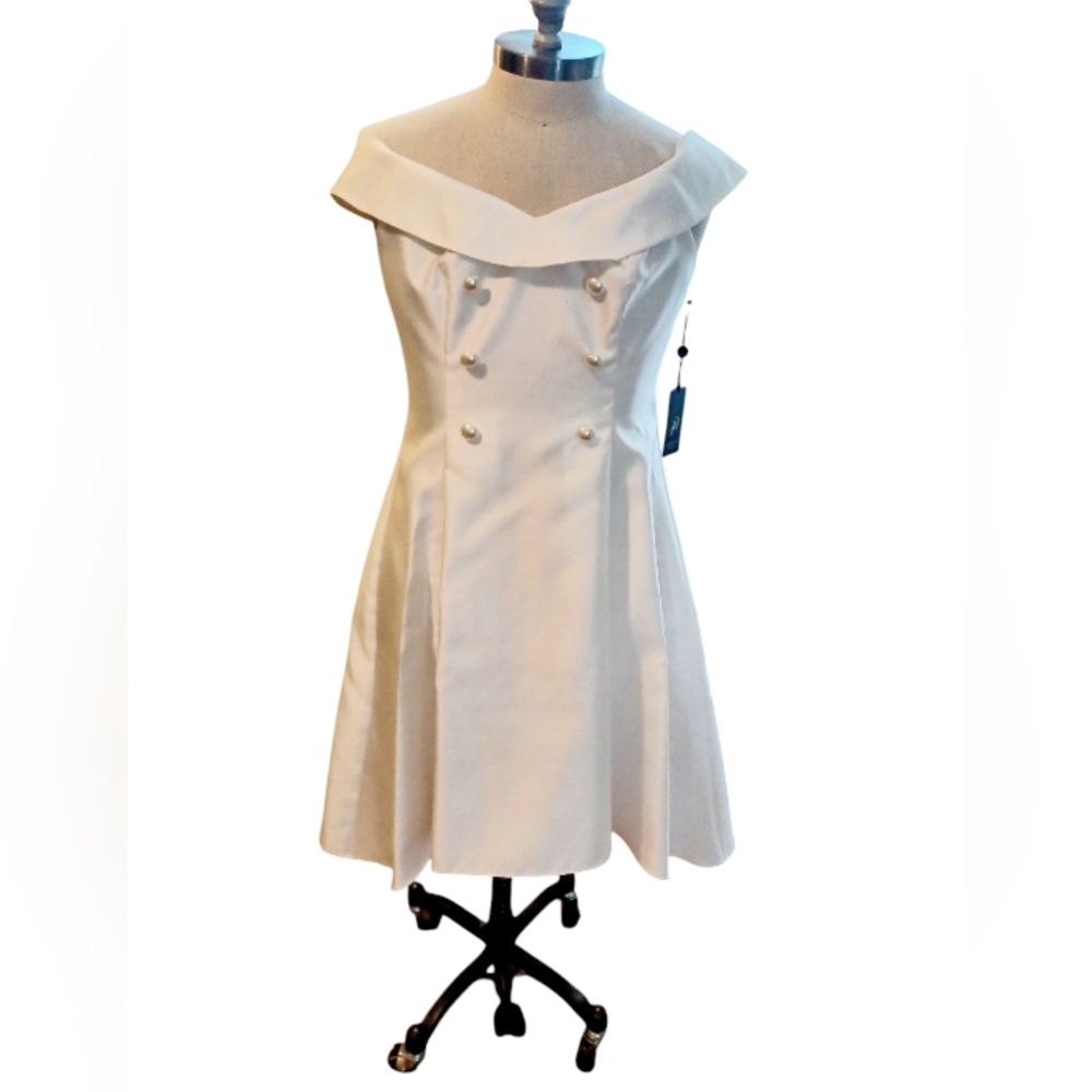 NEW ADRIANNA PAPELL Womens Ivory Off Shoulder Midi Formal Hi-Lo